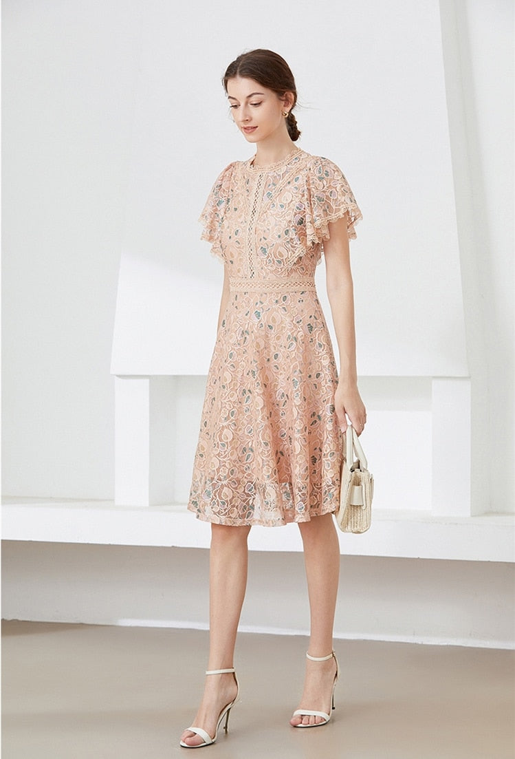 High quality multi color vintage designer flared elegant lace dress