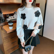 H Han Queen Womens Autumn Sweatshirt Three-Dimensional Flowers Vintage Work Casual Tops Korean Design Long Sleeve Loose T-Shirts