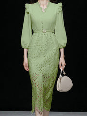 High Quality Slim Waist Three Quarter Sleeve V Neck Lace Elegant Dress