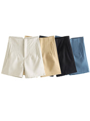 High Waist Slim Fit Zip Up Pleated Plain Bermuda Shorts