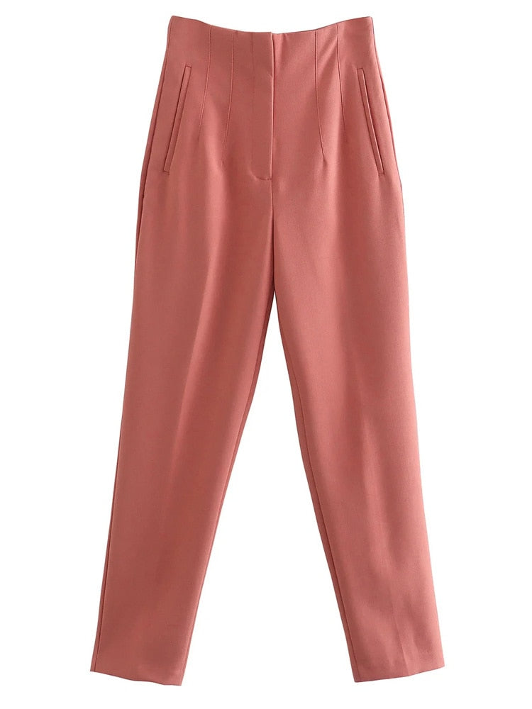 Women Fashion Front Welt Pockets Seam Detail Pants Vintage High Waist Zipper Fly Female Ankle Trousers Mujer P1