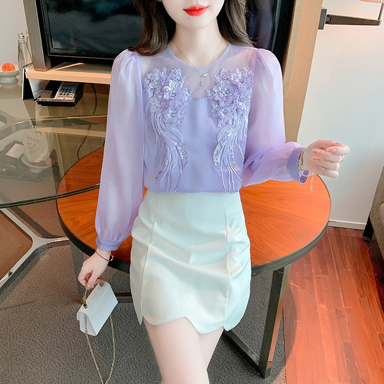 High Quality Long Sleeves Elegant Vintage Embroidered Satin Blouses