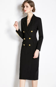 High Quality Double Breasted Long Sleeve V Neck Elegant Dress