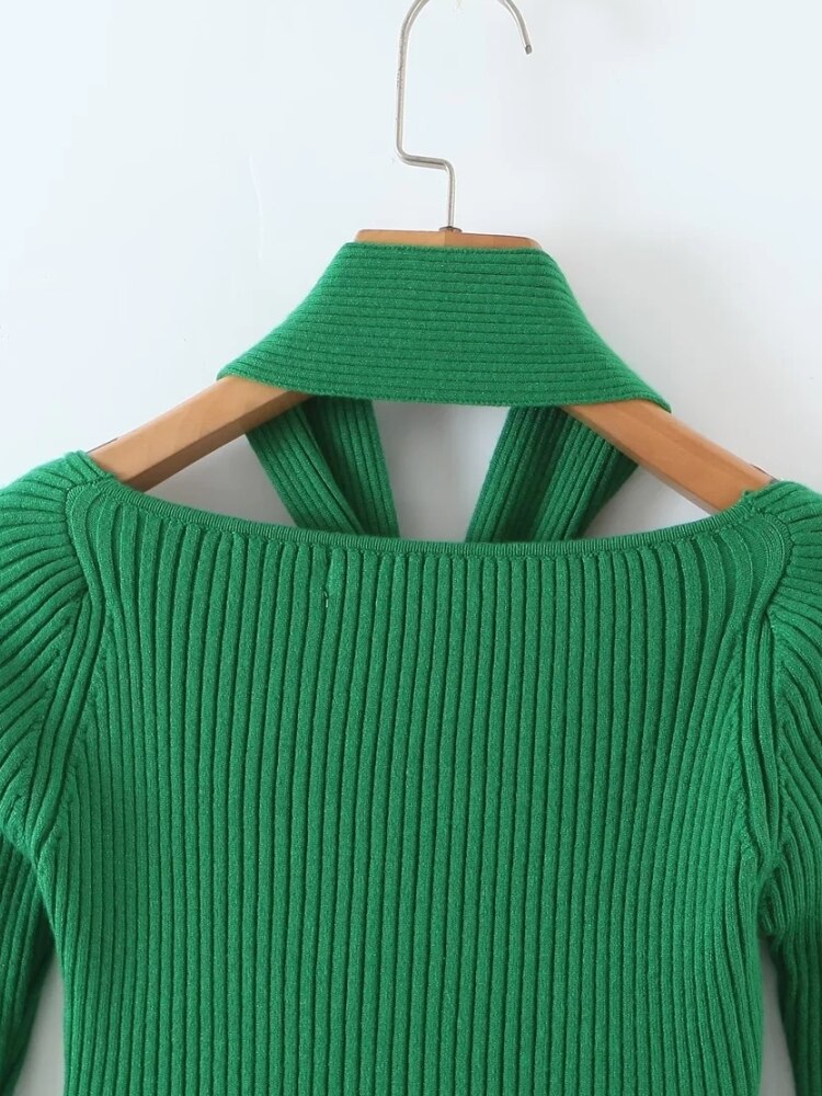 2 Colors Cross Halter Neck Long Sleeve Slim Fit Knitted Sweater