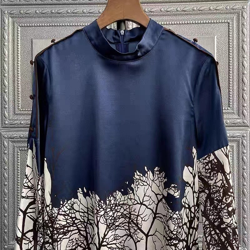 High Quality Stand Collar Long Sleeve Silk Shirt