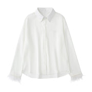 Women Fashion With Feathers 2 Piece Set Single Breasted Blouse & Vintage Elastic Waist Trouser Female Chic Pants Sets