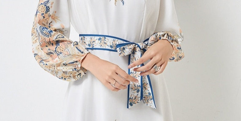 High Quality Floral Print Long Sleeve Elegant High Waist Maxi Dress