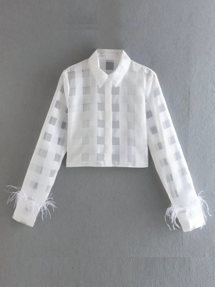 Plaid Organza Feather Decoration Women Short Shirts Summer Female Long Sleeve Blouse Smock Loose Tops Blusas LUJIA ALAN B503