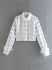 Plaid Organza Feather Decoration Women Short Shirts Summer Female Long Sleeve Blouse Smock Loose Tops Blusas LUJIA ALAN B503