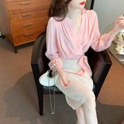High Quality Long Sleeves V Neck Loose Elegant Vintage Pink Blouses