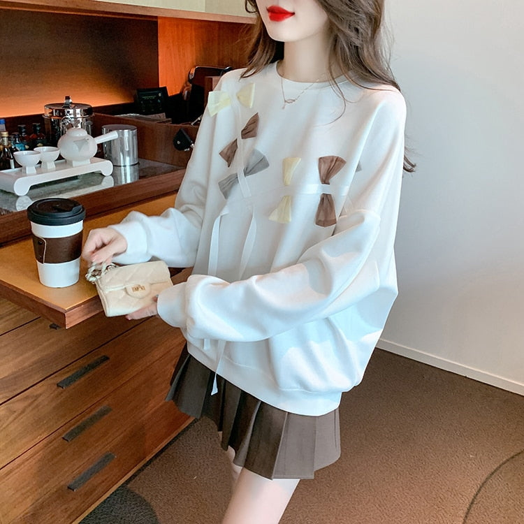 Elegant Autumn Tops Women's Long Sleeve Sweatshirt Bow Vintage Work Casual Korean O-Neck Design Loose T-Shirts