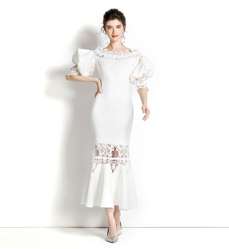 Vintage Designer High Quality Puff Sleeve Multi Color Flower Embroidery Elegant Dress