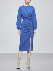 Woman 2 Pieces Set Knotted Loose Cropped Sweatshirt  + Vintage Split Pencil Skirt Korean Simple Skirt Suit