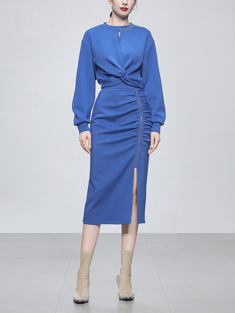 Woman 2 Pieces Set Knotted Loose Cropped Sweatshirt  + Vintage Split Pencil Skirt Korean Simple Skirt Suit