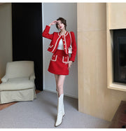 Autumn Winter Fashion Plaid Red Woolen Two Piece Set Women Pearls Single Breasted Fringed Tweed Jacket Coat + Pocket Mini Skirt