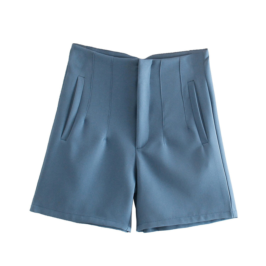 High Waist Slim Fit Zip Up Pleated Plain Bermuda Shorts