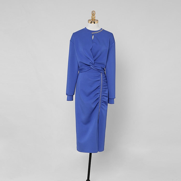Woman 2 Pieces Set Knotted Loose Cropped Sweatshirt  + Vintage Split Pencil Skirt Korean Simple Skirt Suit