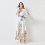 High Quality Floral Print Long Sleeve Elegant High Waist Maxi Dress