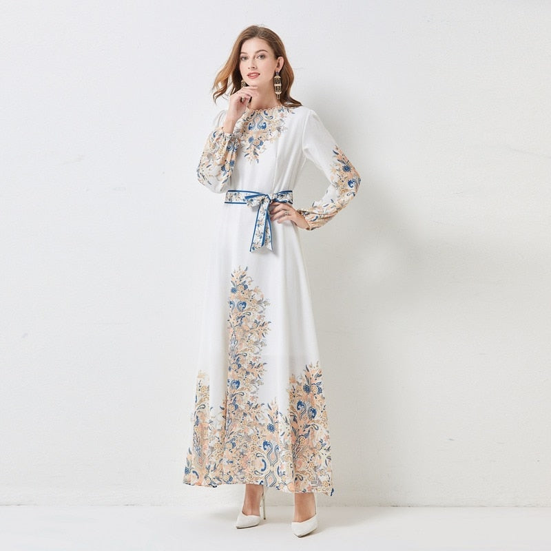 High Quality Floral Print Long Sleeve Elegant High Waist Maxi Dress