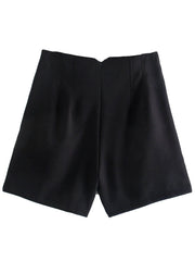 High Waist Slim Fit Zip Up Pleated Plain Bermuda Shorts