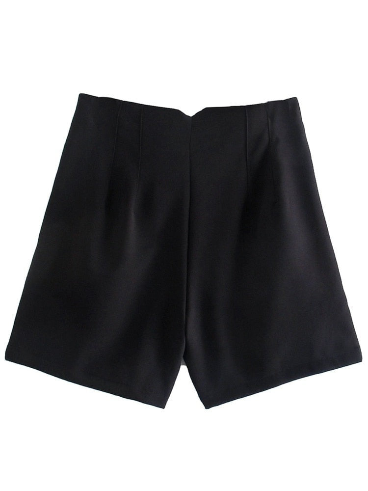 High Waist Slim Fit Zip Up Pleated Plain Bermuda Shorts