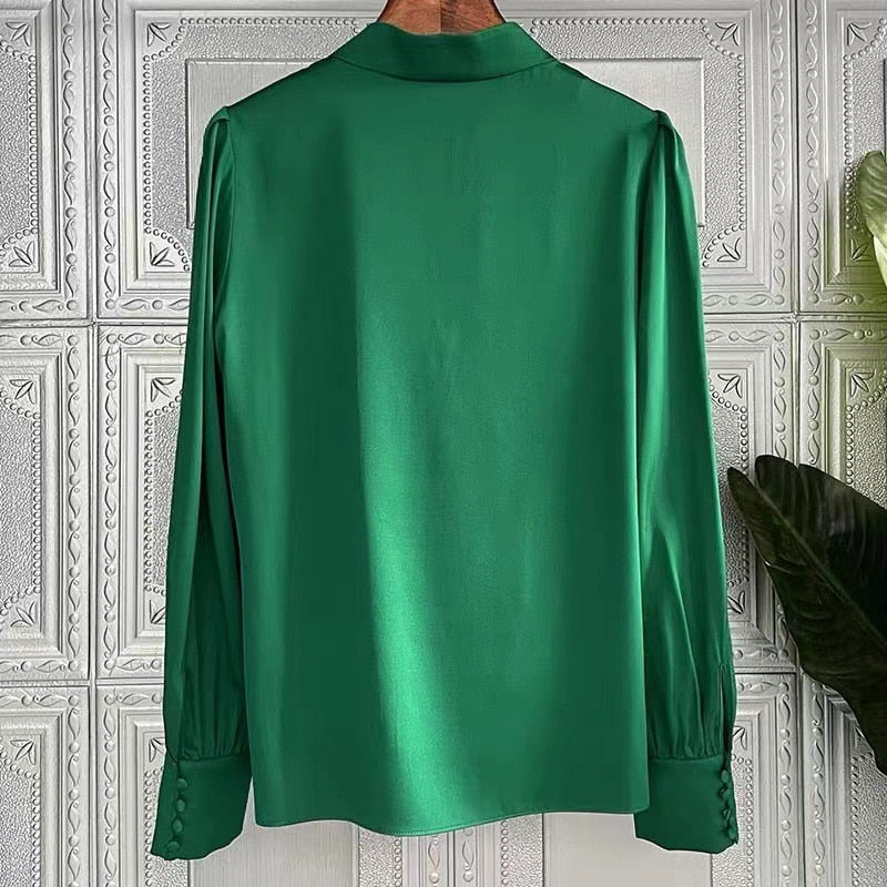 High Quality Stand Collar Long Sleeve Heavy Silk Shirt