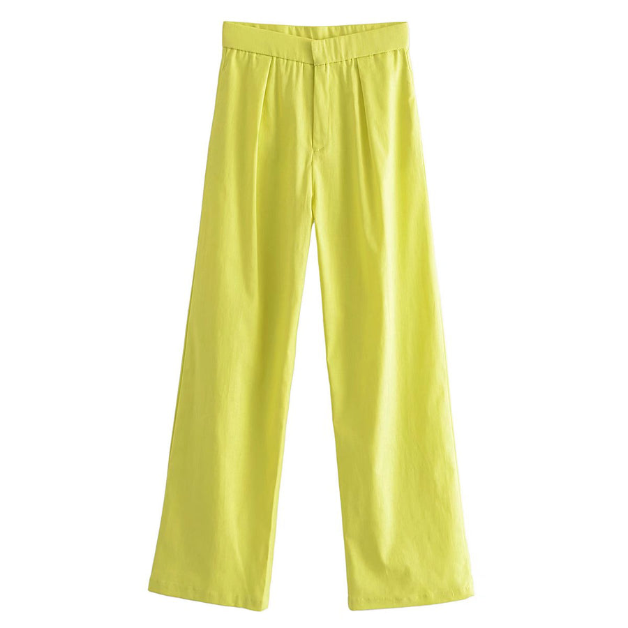 Candy Color Front Pleats Zipper High Waist Straight Pants