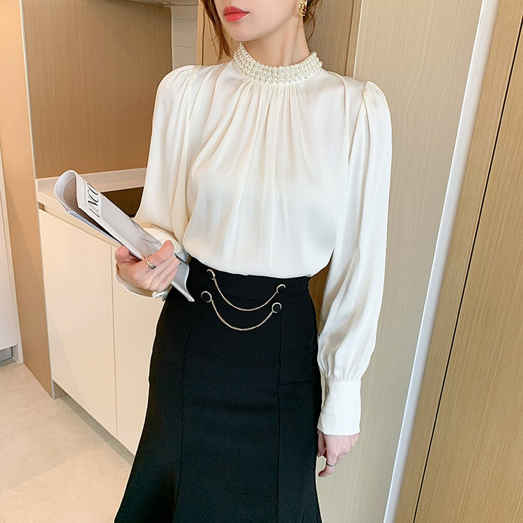High Quality Elegant Vintage Loose Beaded Long Sleeve Chiffon Blouse