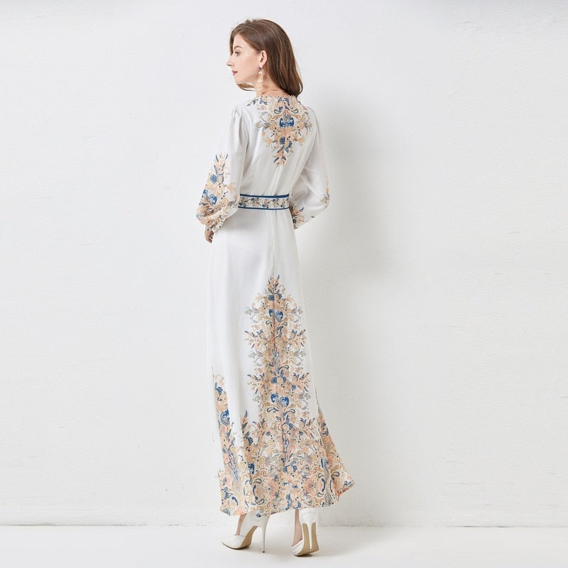 High Quality Floral Print Long Sleeve Elegant High Waist Maxi Dress