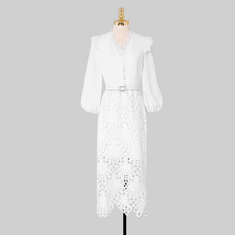 Elegant white midi dress with embroidery long sleeves of high quality