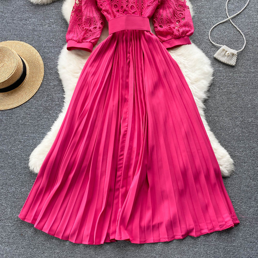 High-quality multi-color belted pleated lace dress with long sleeves