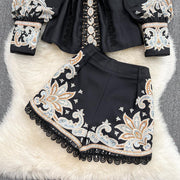 2 piece suit top with high neck, puff sleeve, vintage print blouse and shorts with belt pocket high quality
