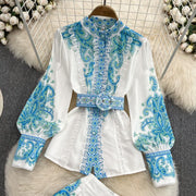 2 piece suit top with high neck, puff sleeve, vintage print blouse and shorts with belt pocket high quality