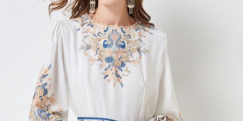 High Quality Floral Print Long Sleeve Elegant High Waist Maxi Dress