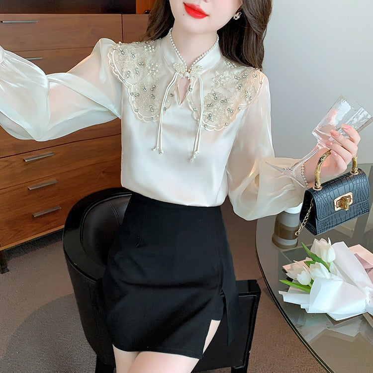 High Quality Casual Elegant 3D Embroidery Vintage Blouses