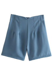 High Waist Slim Fit Zip Up Pleated Plain Bermuda Shorts