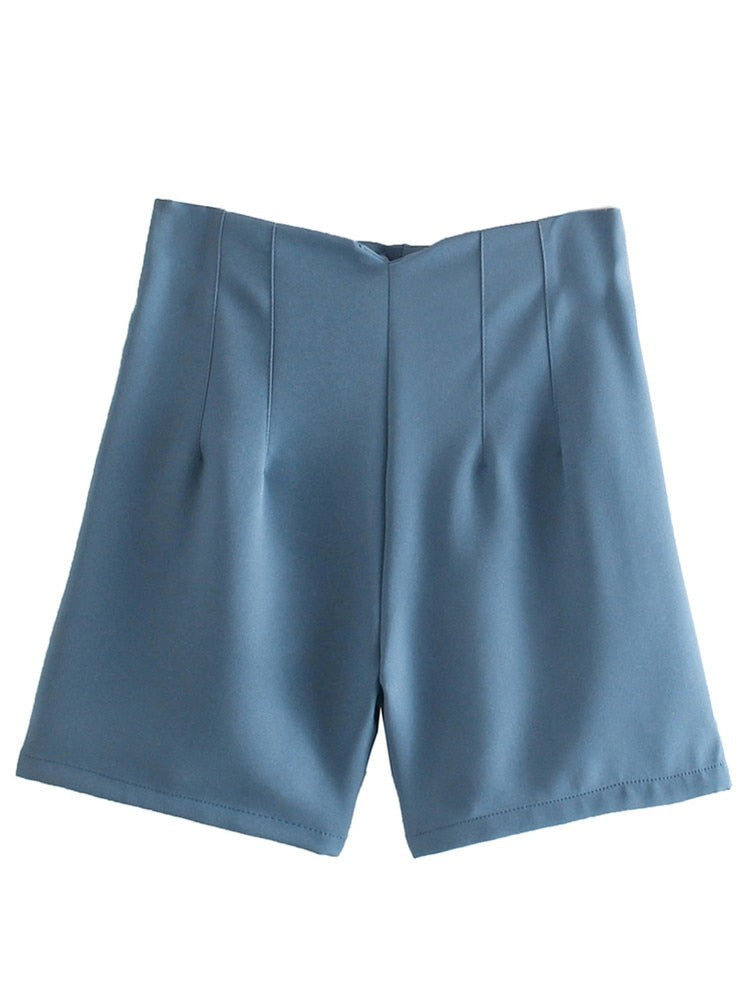 High Waist Slim Fit Zip Up Pleated Plain Bermuda Shorts