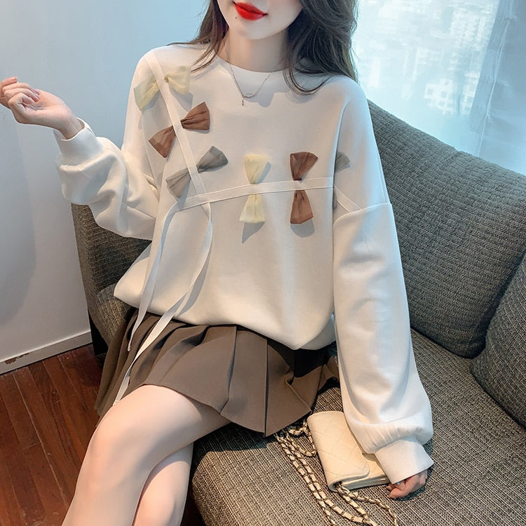 Elegant Autumn Tops Women's Long Sleeve Sweatshirt Bow Vintage Work Casual Korean O-Neck Design Loose T-Shirts