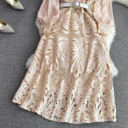 High Quality Lace Round Neck Lantern Sleeve Hook Flower Vintage Dress