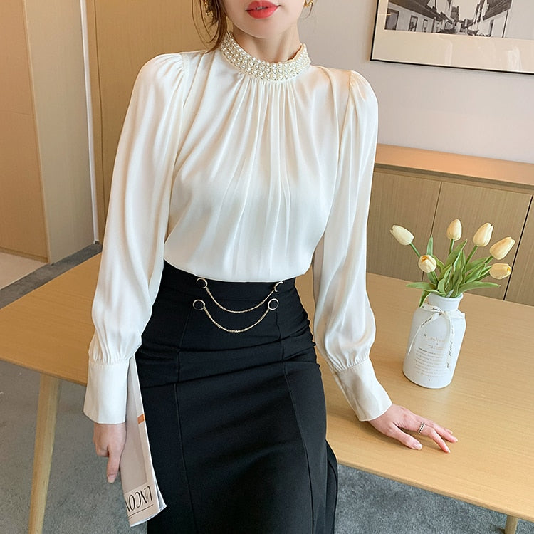High Quality Elegant Vintage Loose Beaded Long Sleeve Chiffon Blouse