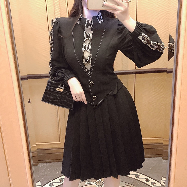 High Quality Pleated Long Sleeve Black Elegant Dress