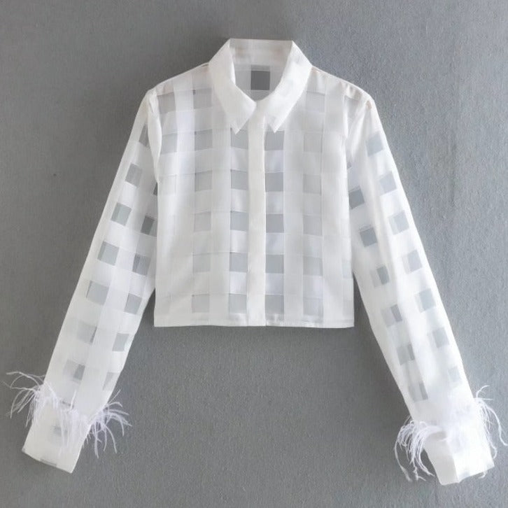 Plaid Organza Feather Decoration Women Short Shirts Summer Female Long Sleeve Blouse Smock Loose Tops Blusas LUJIA ALAN B503