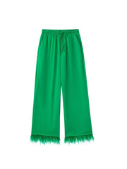 Women Fashion With Feathers 2 Piece Set Single Breasted Blouse & Vintage Elastic Waist Trouser Female Chic Pants Sets