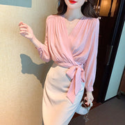 High Quality Long Sleeves V Neck Loose Elegant Vintage Pink Blouses