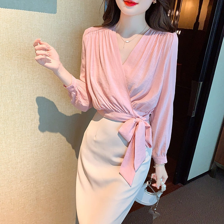 High Quality Long Sleeves V Neck Loose Elegant Vintage Pink Blouses