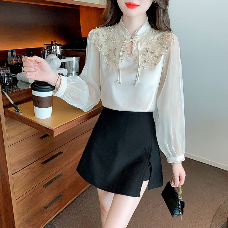 High Quality Casual Elegant 3D Embroidery Vintage Blouses
