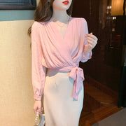 High Quality Long Sleeves V Neck Loose Elegant Vintage Pink Blouses