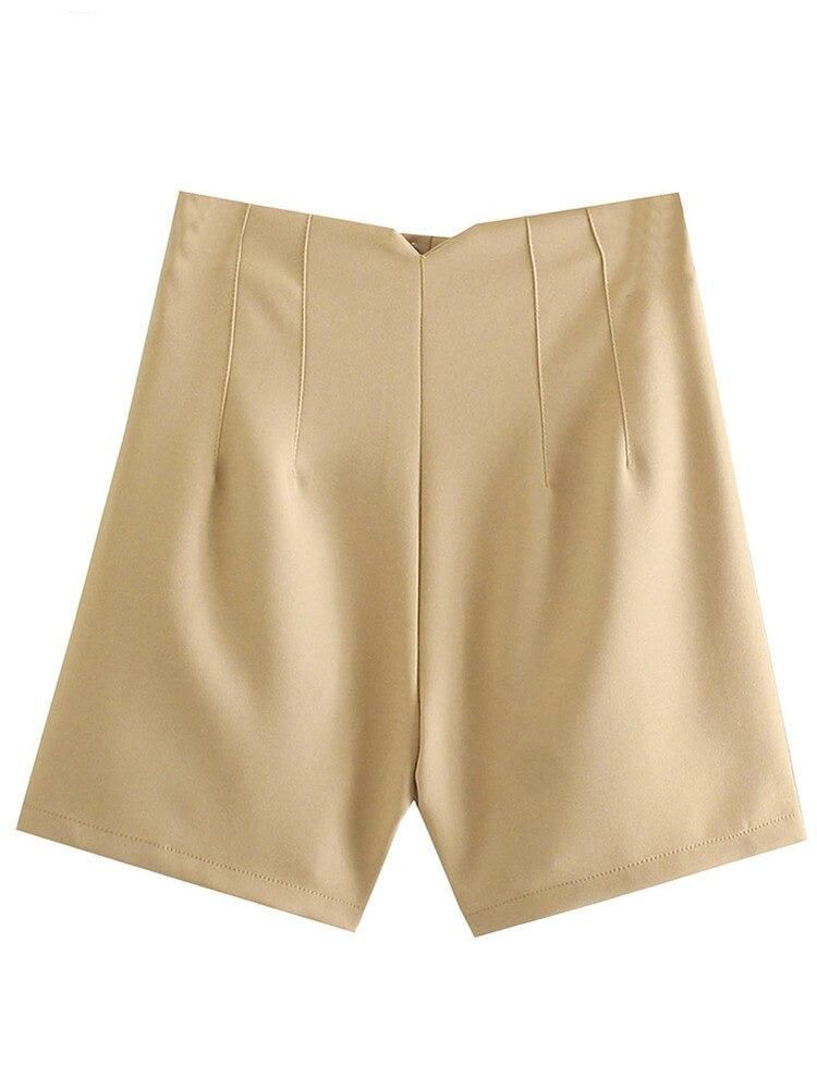 High Waist Slim Fit Zip Up Pleated Plain Bermuda Shorts