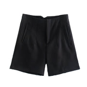 High Waist Slim Fit Zip Up Pleated Plain Bermuda Shorts
