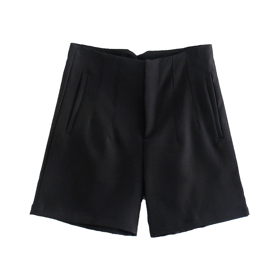 High Waist Slim Fit Zip Up Pleated Plain Bermuda Shorts